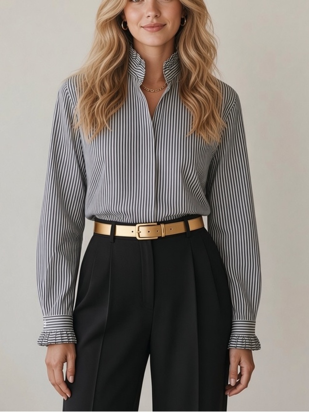 Vintage Orvis Striped Ruffle Neck Blouse 100% Cotton Navy White Size 16